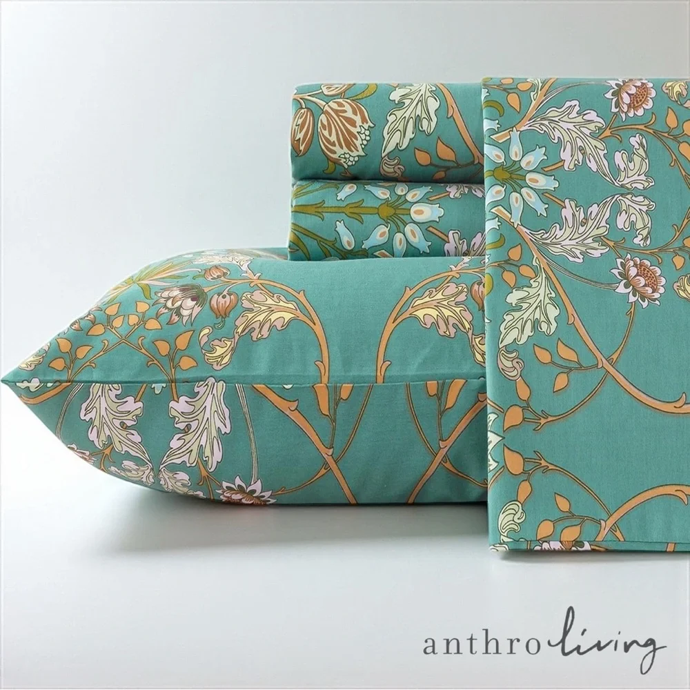 NEW Anthro Teal Reversible Floral Queen / King Boho Duvet Bedding & Sham Set